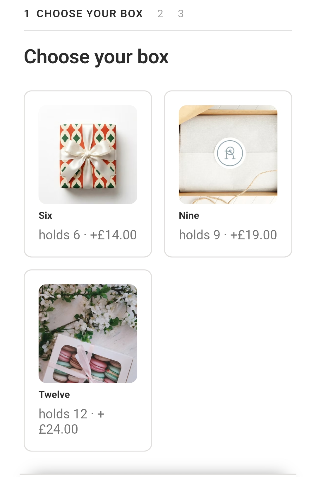 The four steps of a box: choose your box, finishing touches, fill it, and what shall we write in the card