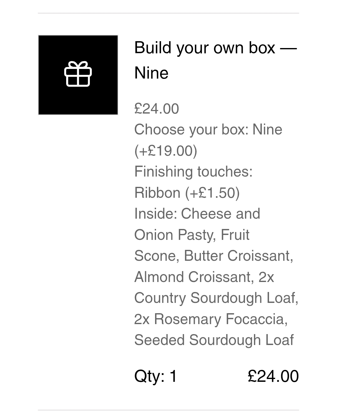 A Wix order showing one box line, with the contents of the box listed beneath it