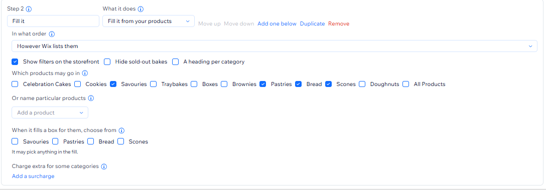 The box editor: a step that fills the box from chosen categories, with sorting, filters and a surcharge rule